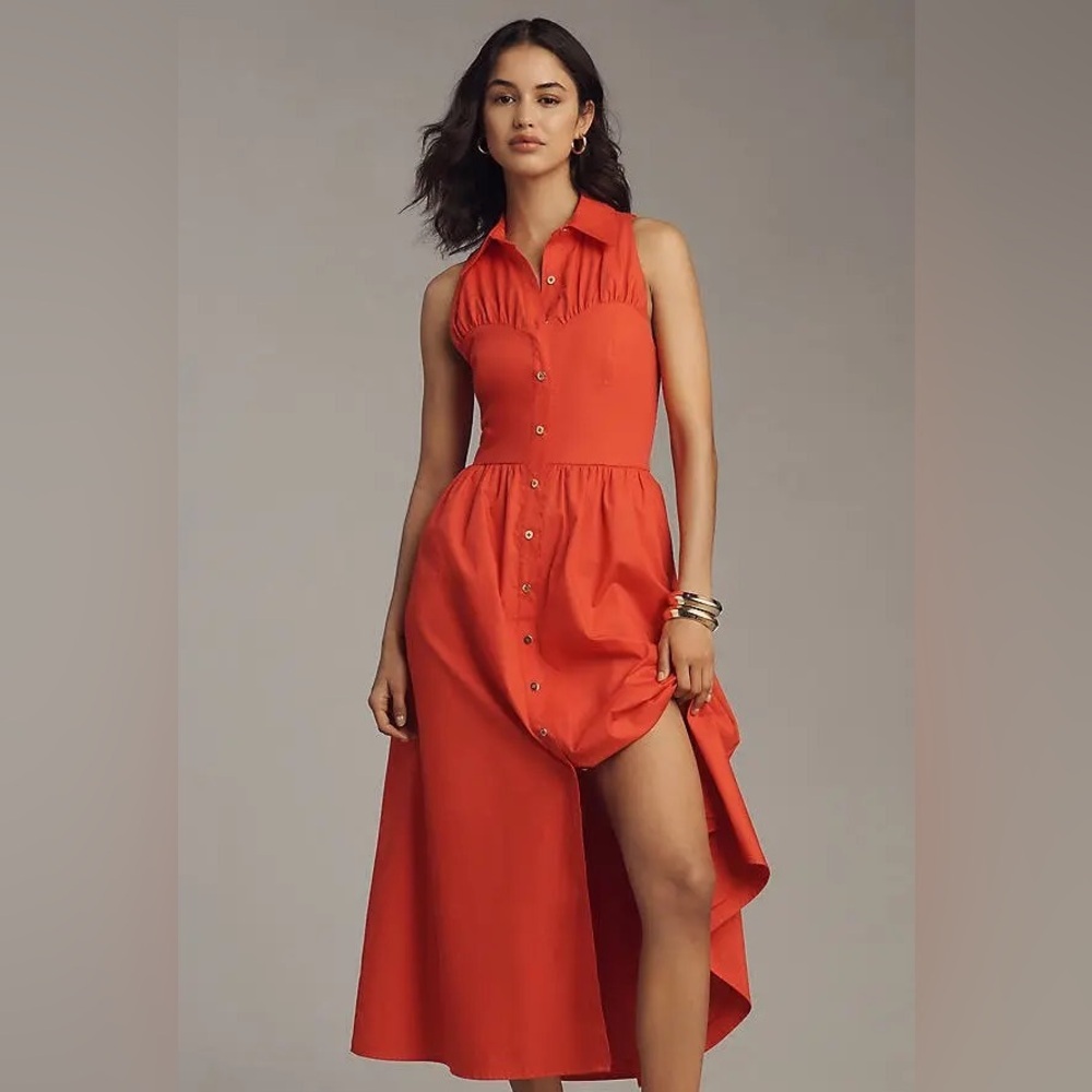 NEW Anthropologie Hutch Vivian Poplin Sleeveless Shirtdress In Poppy Red - Picture 11 of 11